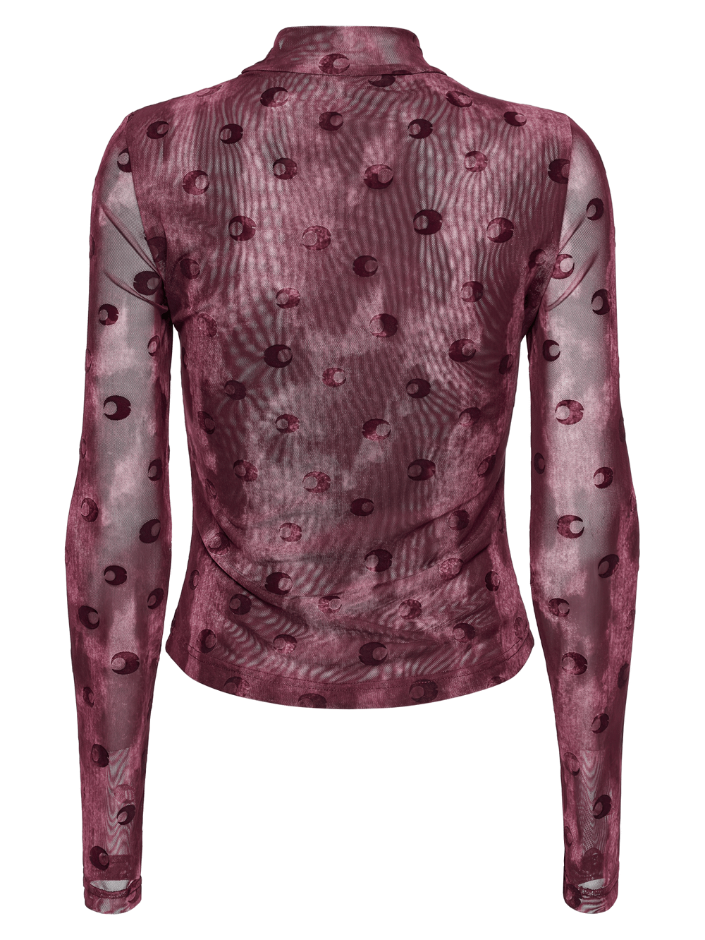 Burgundy Mesh Long Sleeve Top with Crescent Print Design
