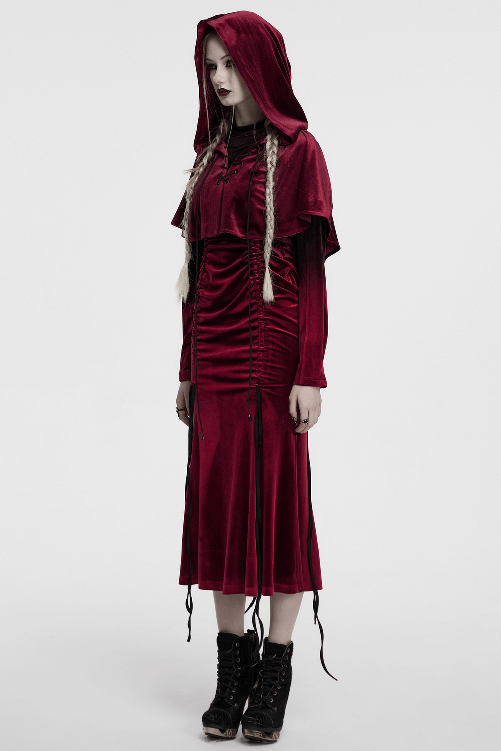 Burgundy Velvet Hooded Cape with Pom Pom Ties