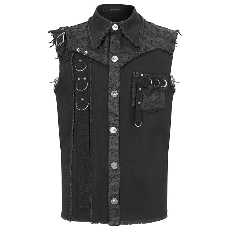 Button Front Sleeveless Shirt for Men / Punk Male Shirts with Asymmetrical Metal Embellishments