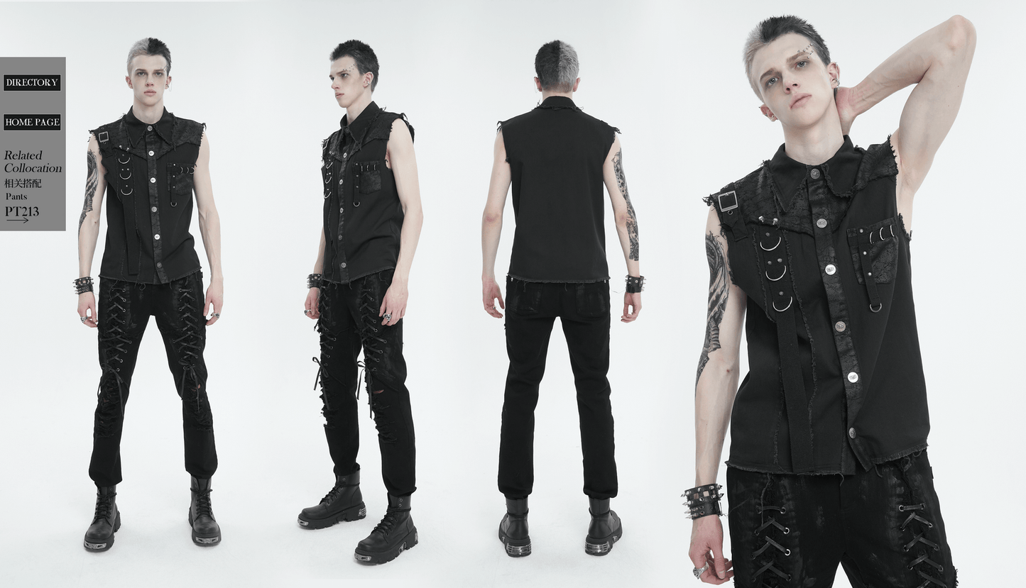 Button Front Sleeveless Shirt for Men / Punk Male Shirts with Asymmetrical Metal Embellishments