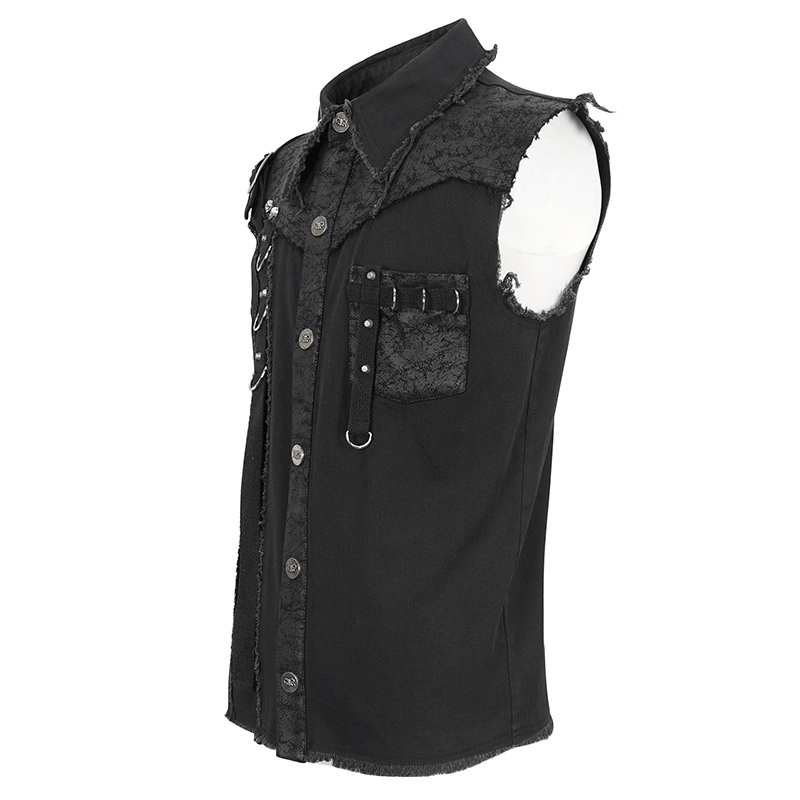 Button Front Sleeveless Shirt for Men / Punk Male Shirts with Asymmetrical Metal Embellishments