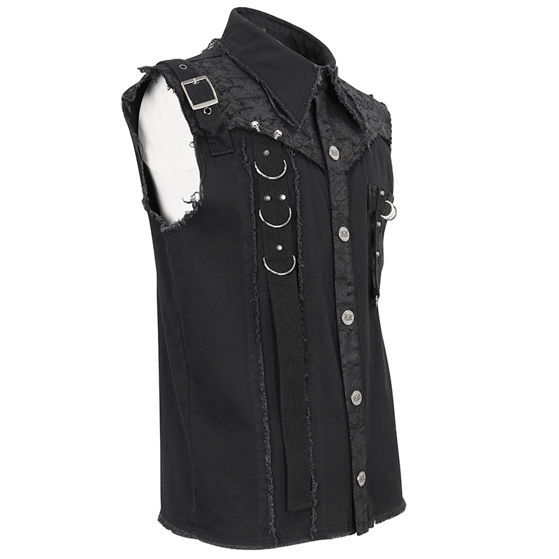 Button Front Sleeveless Shirt for Men / Punk Male Shirts with Asymmetrical Metal Embellishments