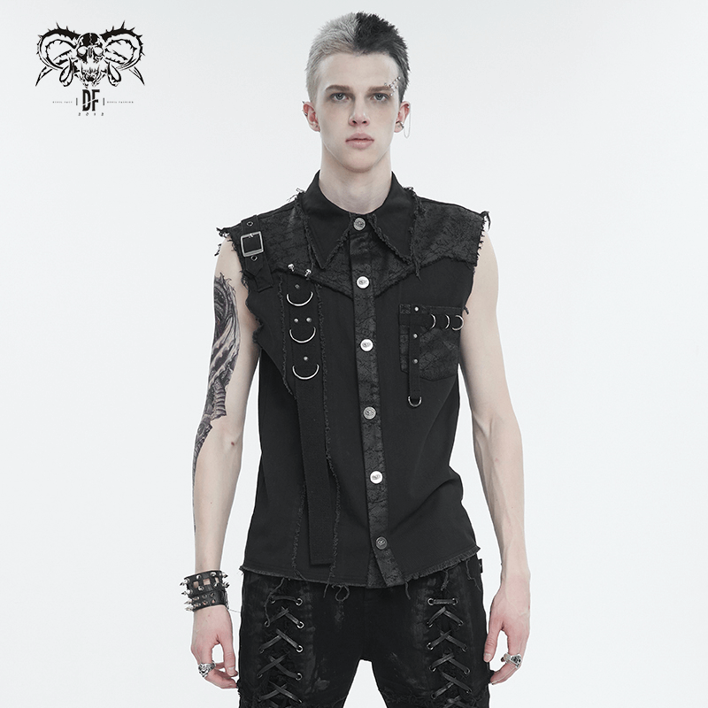 Button Front Sleeveless Shirt for Men / Punk Male Shirts with Asymmetrical Metal Embellishments