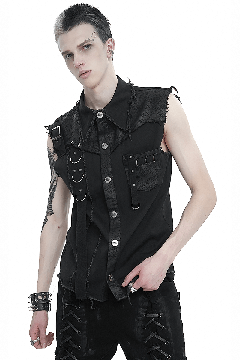 Button Front Sleeveless Shirt for Men / Punk Male Shirts with Asymmetrical Metal Embellishments