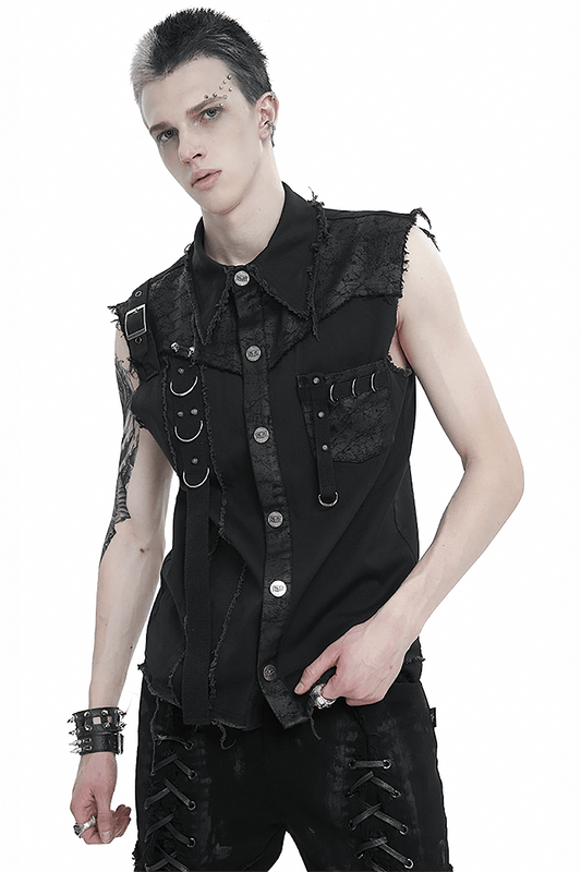 Button Front Sleeveless Shirt for Men / Punk Male Shirts with Asymmetrical Metal Embellishments