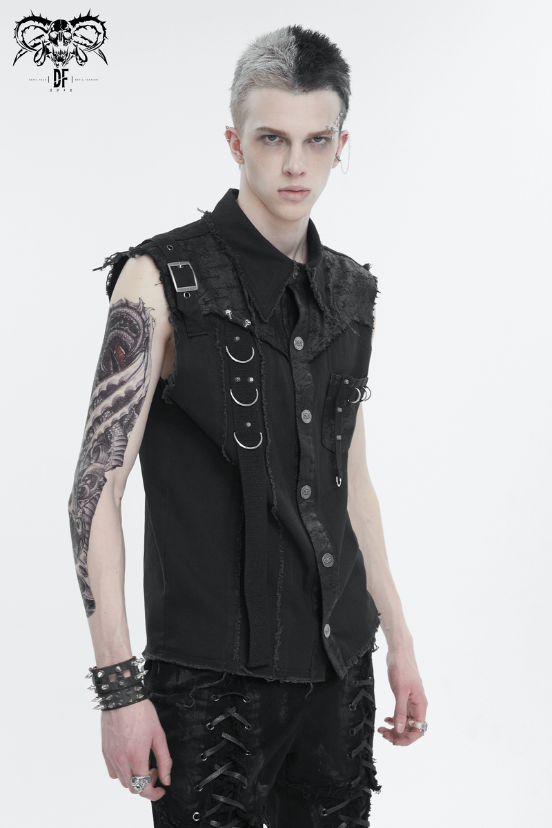 Button Front Sleeveless Shirt for Men / Punk Male Shirts with Asymmetrical Metal Embellishments