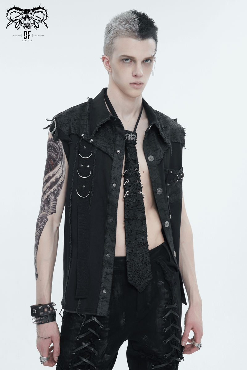 Button Front Sleeveless Shirt for Men / Punk Male Shirts with Asymmetrical Metal Embellishments