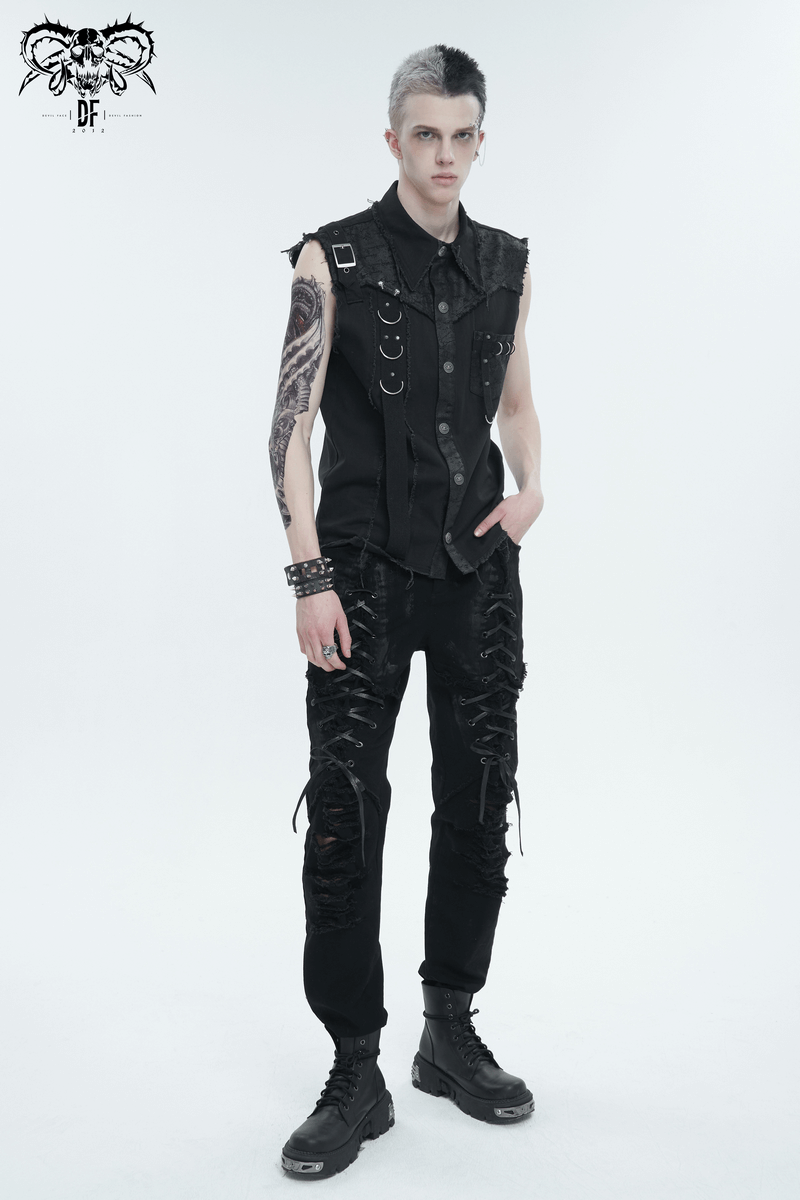 Button Front Sleeveless Shirt for Men / Punk Male Shirts with Asymmetrical Metal Embellishments