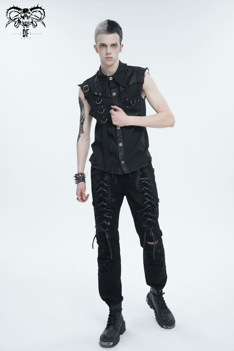 Button Front Sleeveless Shirt for Men / Punk Male Shirts with Asymmetrical Metal Embellishments