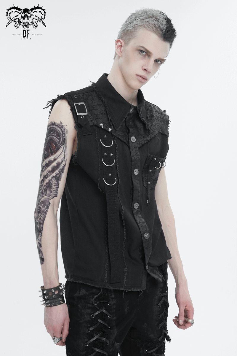 Button Front Sleeveless Shirt for Men / Punk Male Shirts with Asymmetrical Metal Embellishments