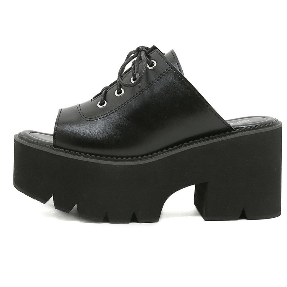 Open Toe Mules Sandals for Women / Leather Platform Black Shoes / Female Lace Up Shoes