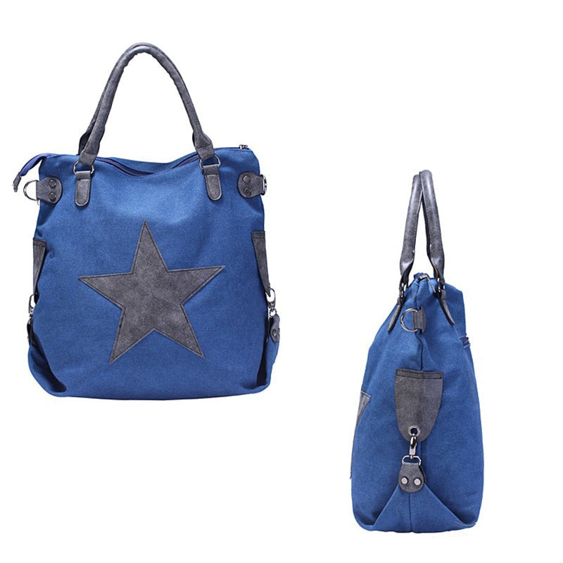 Canvas Women Shoulder Bag with Star on Front / Large Capacity Matte Leather Vintage Style Women Bag