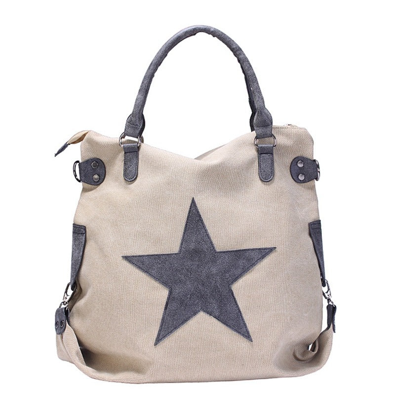 Canvas Women Shoulder Bag with Star on Front / Large Capacity Matte Leather Vintage Style Women Bag