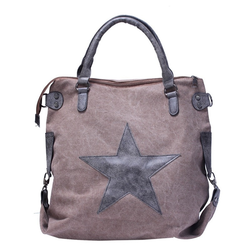 Canvas Women Shoulder Bag with Star on Front / Large Capacity Matte Leather Vintage Style Women Bag