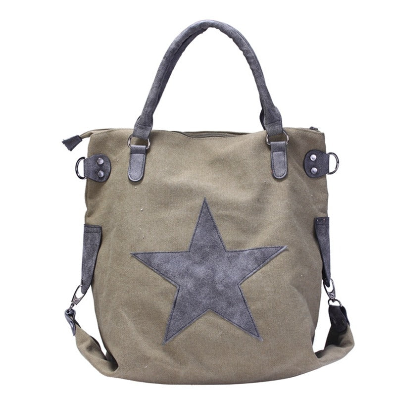 Canvas Women Shoulder Bag with Star on Front / Large Capacity Matte Leather Vintage Style Women Bag