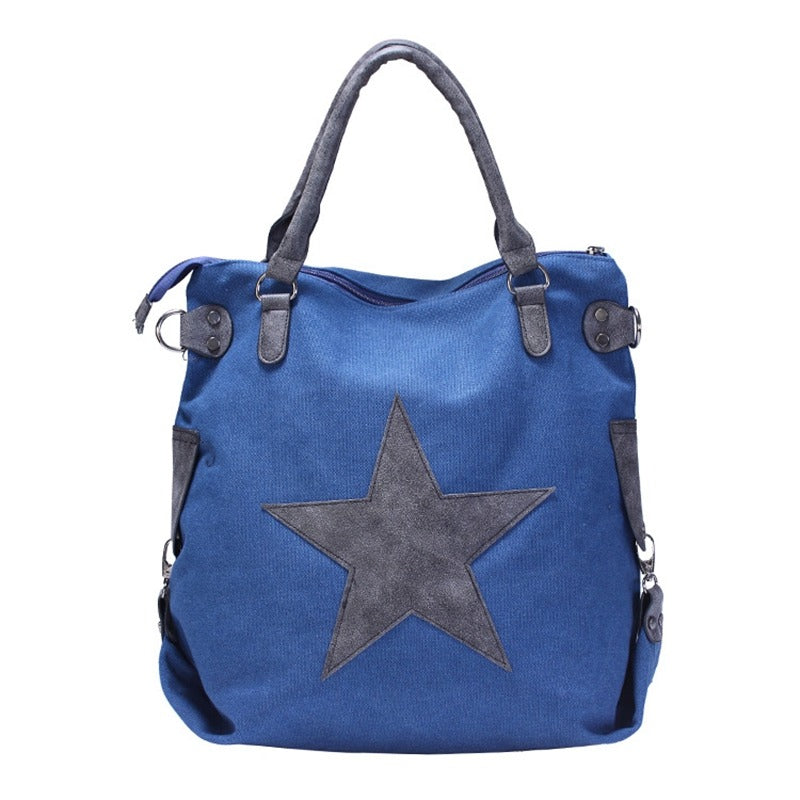 Canvas Women Shoulder Bag with Star on Front / Large Capacity Matte Leather Vintage Style Women Bag