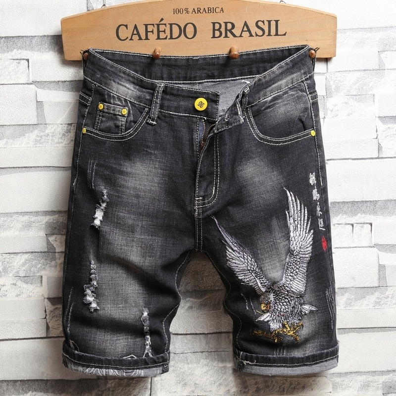 Casual Embroidery Denim Shorts for Men / Cool Knee Length Jeans Shorts
