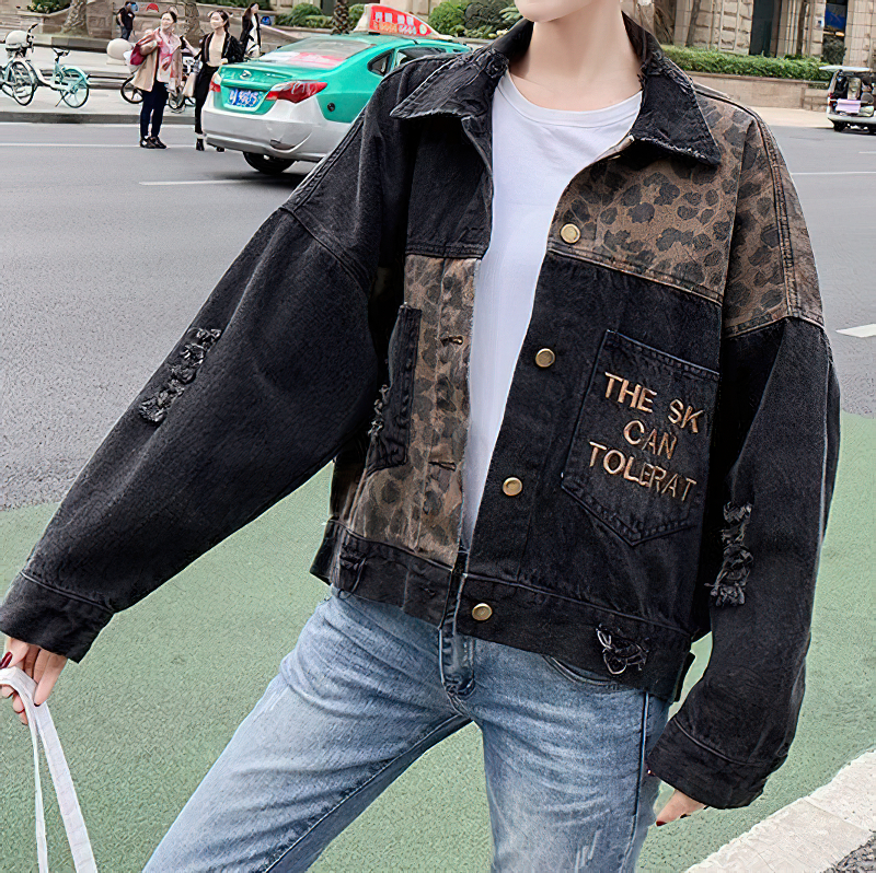 Casual Female Denim Jacket With Leopard Embroidery / Alternative Women's Clothing
