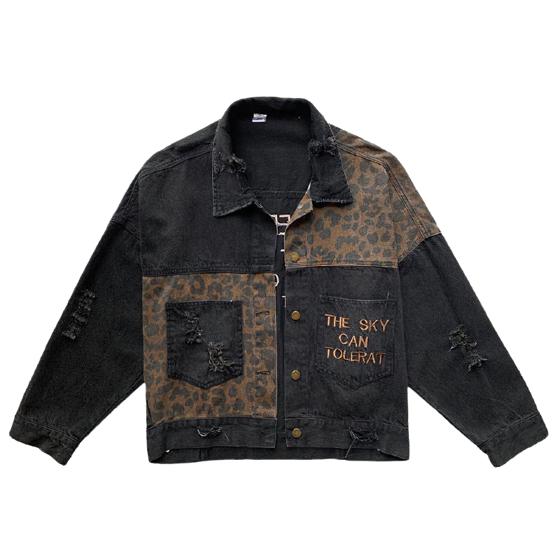 Casual Female Denim Jacket With Leopard Embroidery / Alternative Women's Clothing