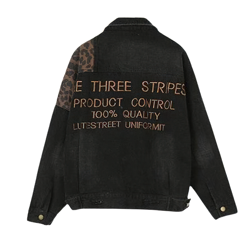 Casual Female Denim Jacket With Leopard Embroidery / Alternative Women's Clothing