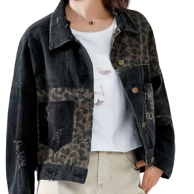 Casual Female Denim Jacket With Leopard Embroidery / Alternative Women's Clothing