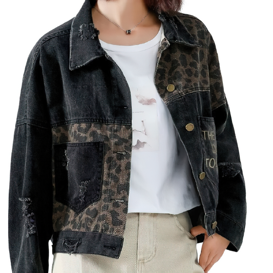 Casual Female Denim Jacket With Leopard Embroidery / Alternative Women's Clothing