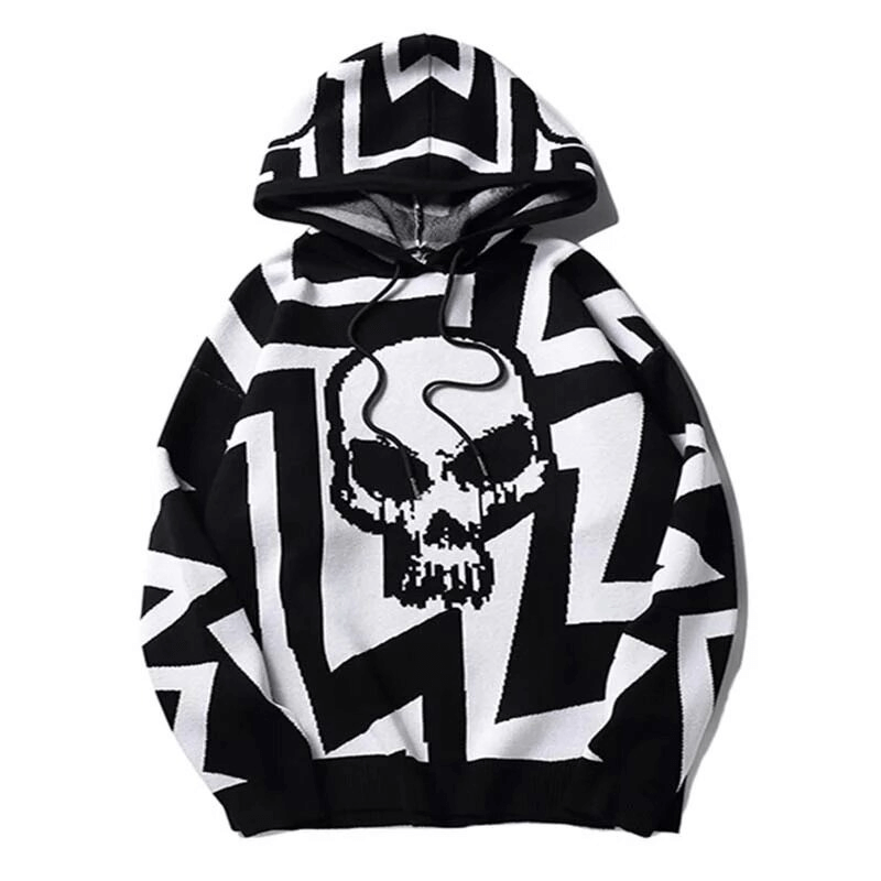 Casual Knitting Hoody with Skull Print / Vintage Men's Oversize Sweatshirt
