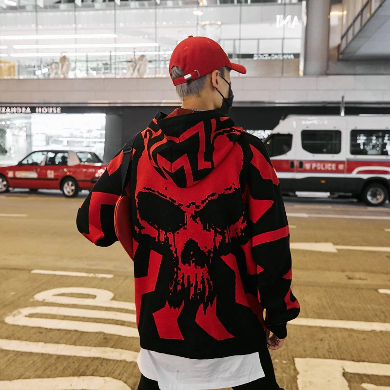 Casual Knitting Hoody with Skull Print / Vintage Men's Oversize Sweatshirt
