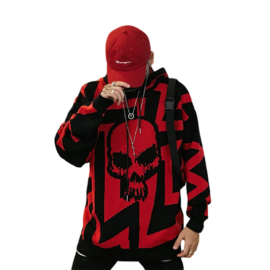 Casual Knitting Hoody with Skull Print / Vintage Men's Oversize Sweatshirt