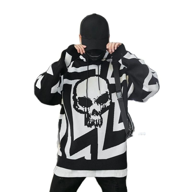 Casual Knitting Hoody with Skull Print / Vintage Men's Oversize Sweatshirt
