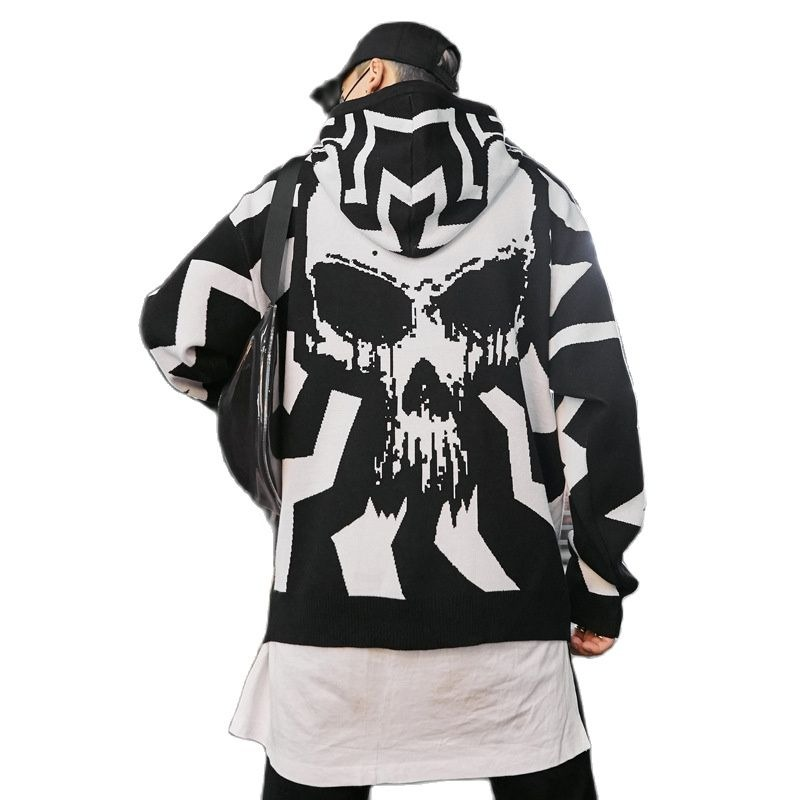 Casual Knitting Hoody with Skull Print / Vintage Men's Oversize Sweatshirt