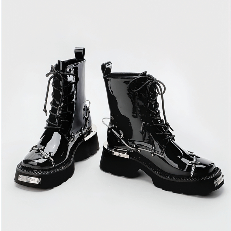 Casual Lace Up Glossy Martin Boots / Square Toe Increasing Height Ankle Women's Boots