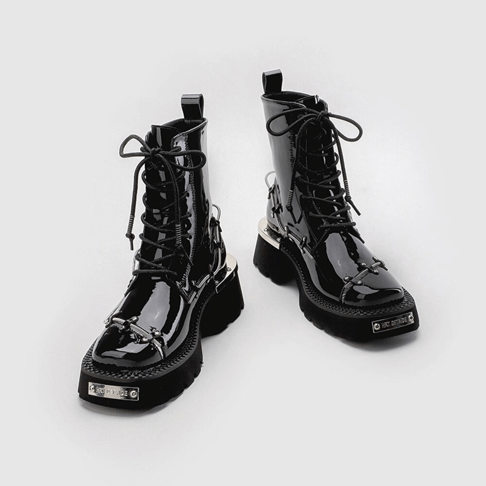 Casual Lace Up Glossy Martin Boots / Square Toe Increasing Height Ankle Women's Boots