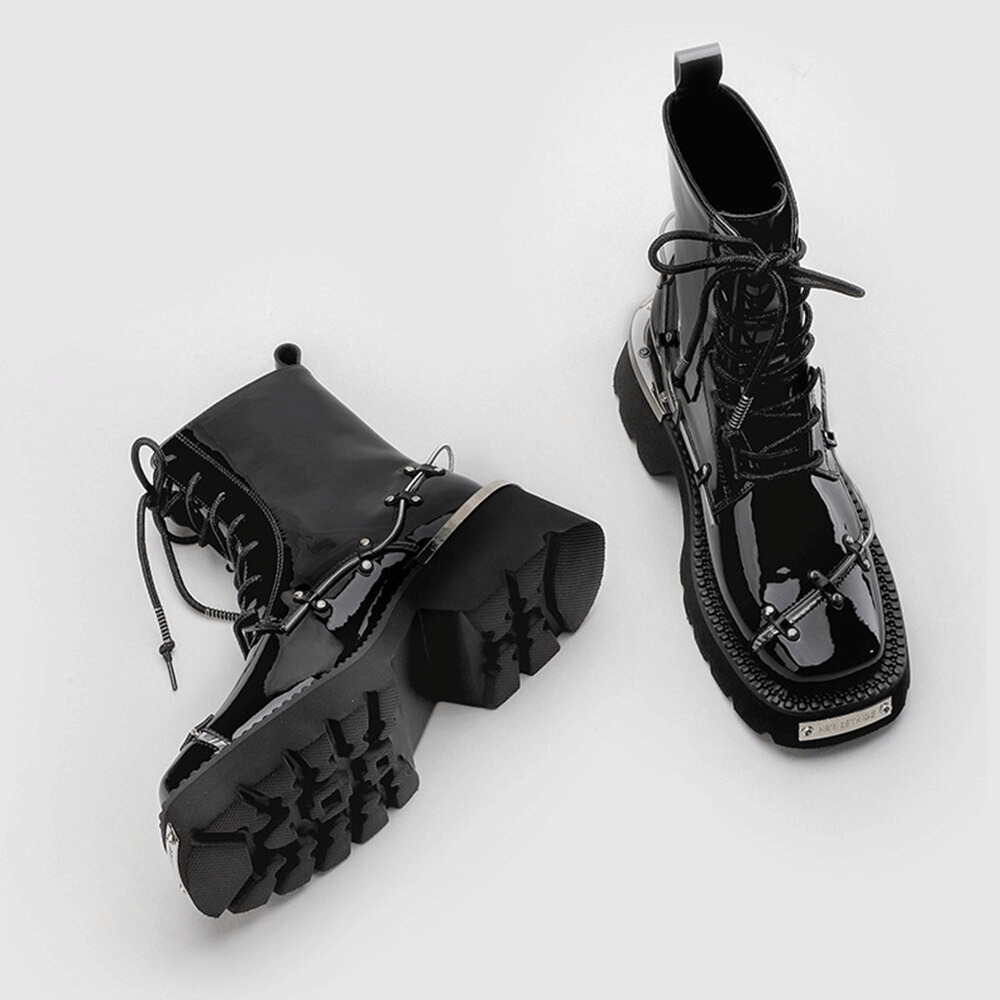 Casual Lace Up Glossy Martin Boots / Square Toe Increasing Height Ankle Women's Boots