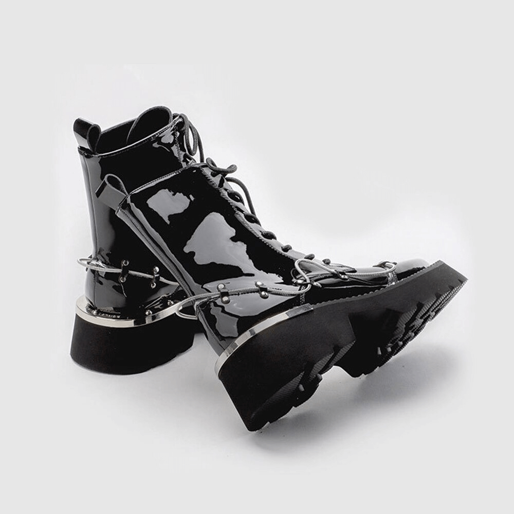 Casual Lace Up Glossy Martin Boots / Square Toe Increasing Height Ankle Women's Boots