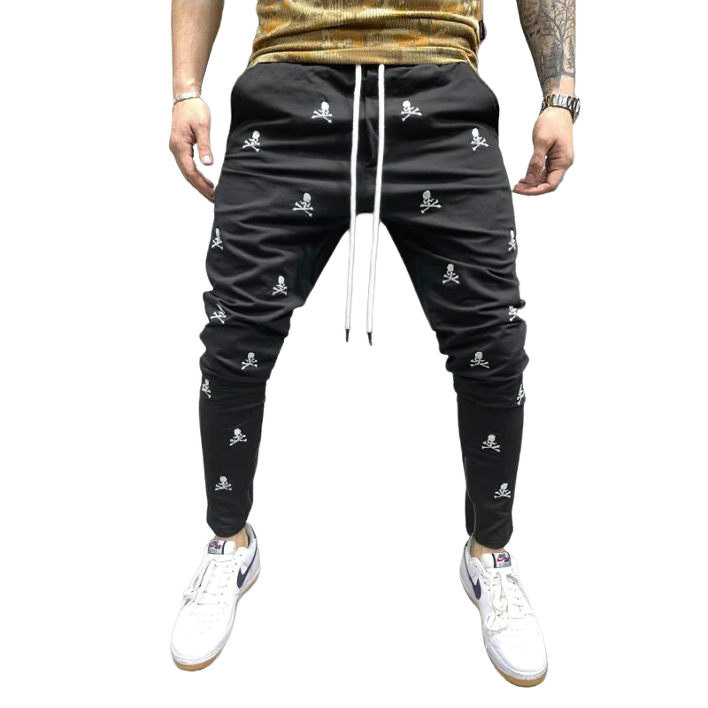 Casual Men's Lace-up Pants with Skull Printed / Fashion Male Pencil Trousers
