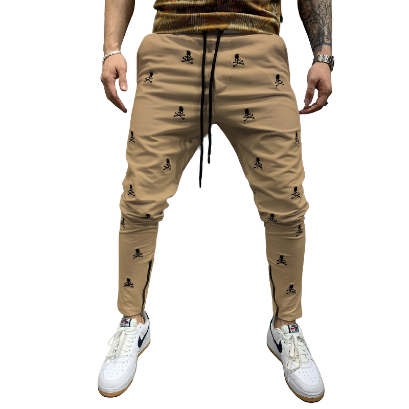 Casual Men's Lace-up Pants with Skull Printed / Fashion Male Pencil Trousers