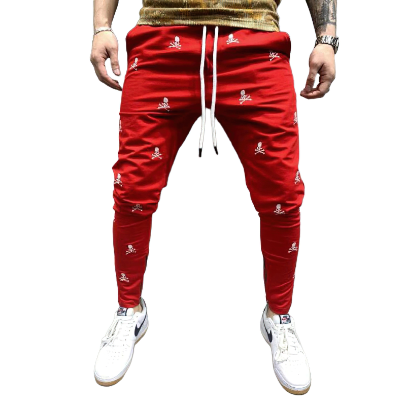 Casual Men's Lace-up Pants with Skull Printed / Fashion Male Pencil Trousers