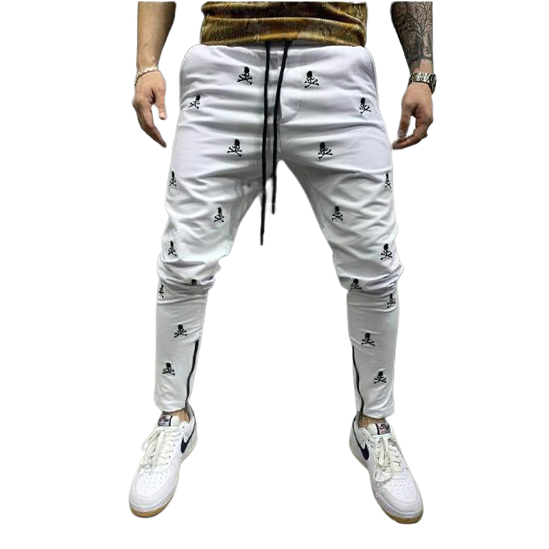 Casual Men's Lace-up Pants with Skull Printed / Fashion Male Pencil Trousers