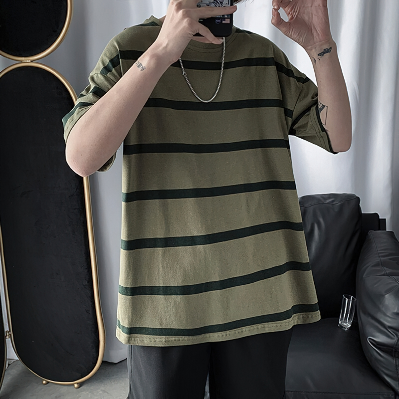 Casual Men's T Shirt / Cool Male Streetwear / Vintage Black Striped Oversized T Shirt