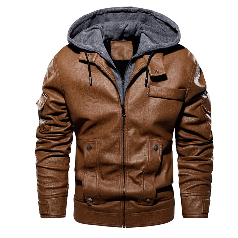 Casual Motorcycle PU Jacket for Men / Fleece Jackets With Slim Removable Hood / Warm Male Clothing