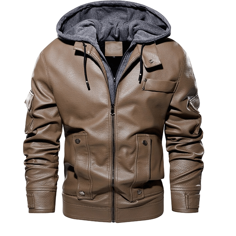 Casual Motorcycle PU Jacket for Men / Fleece Jackets With Slim Removable Hood / Warm Male Clothing