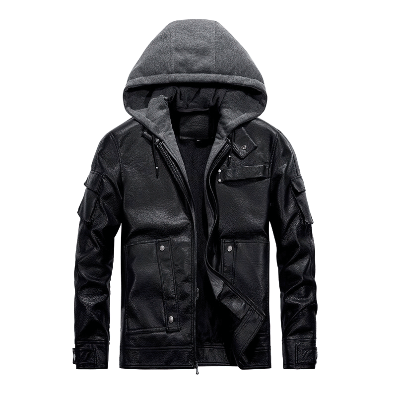 Casual Motorcycle PU Jacket for Men / Fleece Jackets With Slim Removable Hood / Warm Male Clothing