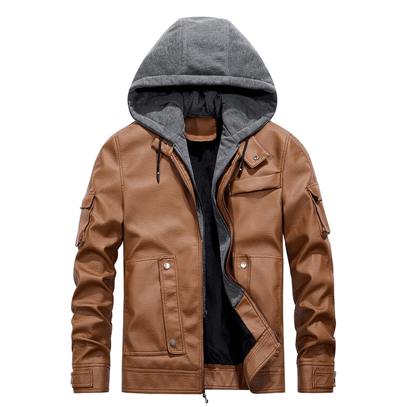 Casual Motorcycle PU Jacket for Men / Fleece Jackets With Slim Removable Hood / Warm Male Clothing