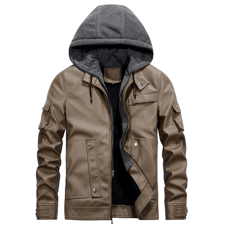 Casual Motorcycle PU Jacket for Men / Fleece Jackets With Slim Removable Hood / Warm Male Clothing