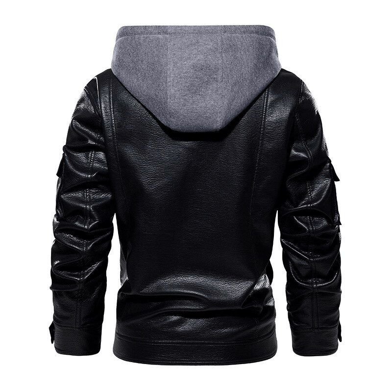 Casual Motorcycle PU Jacket for Men / Fleece Jackets With Slim Removable Hood / Warm Male Clothing