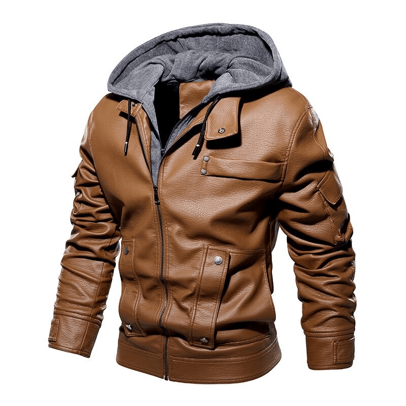 Casual Motorcycle PU Jacket for Men / Fleece Jackets With Slim Removable Hood / Warm Male Clothing