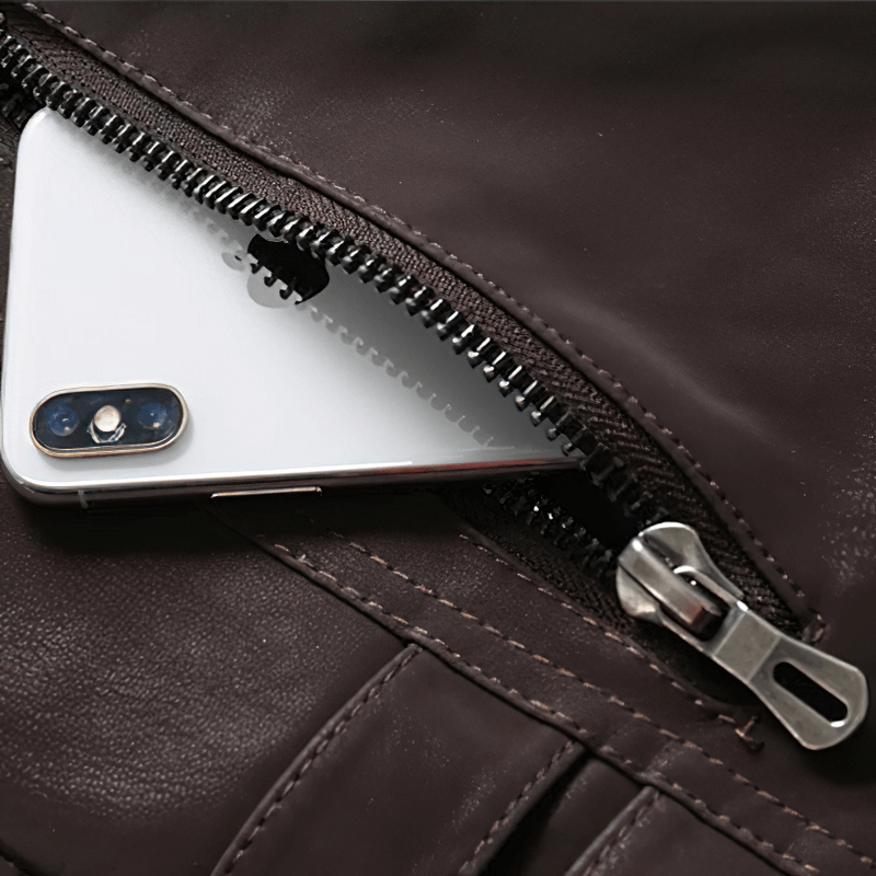 Stand Collar PU Leather Motorcycle Jacket / Men's Zipper Clothing with Multi-Pockets