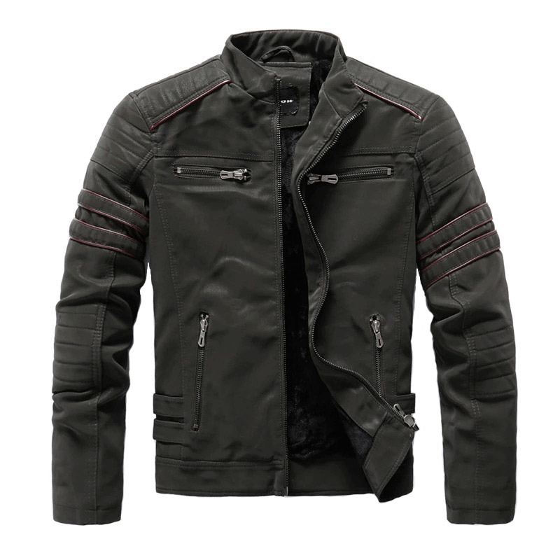 Stand Collar PU Leather Motorcycle Jacket / Men's Zipper Clothing with Multi-Pockets