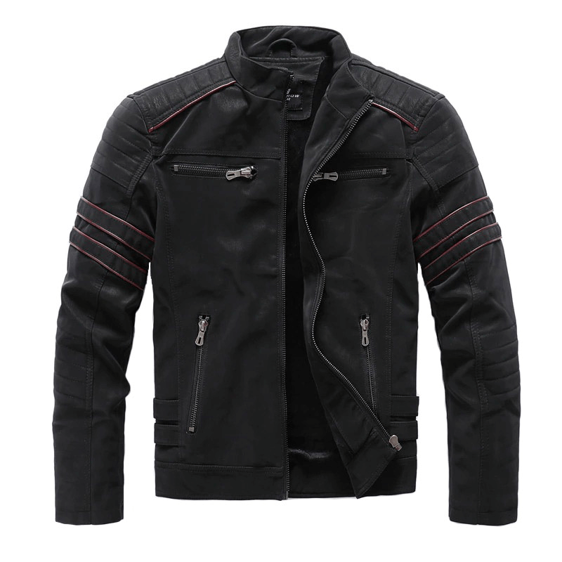 Stand Collar PU Leather Motorcycle Jacket / Men's Zipper Clothing with Multi-Pockets